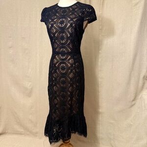 Betsey Johnson Black Lace Midi Dress Scalloped.